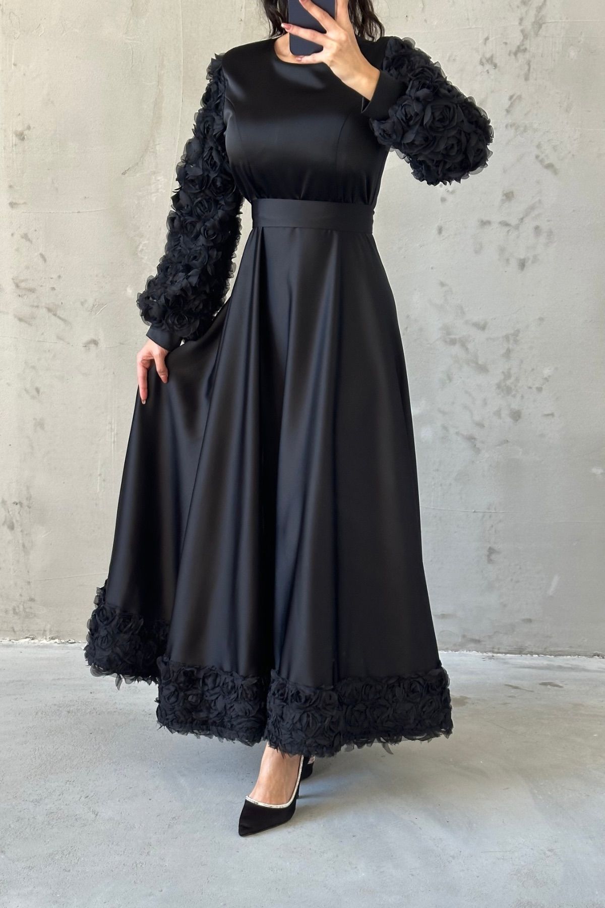 Satin Evening Dress with Hem and Sleeve Details 4661