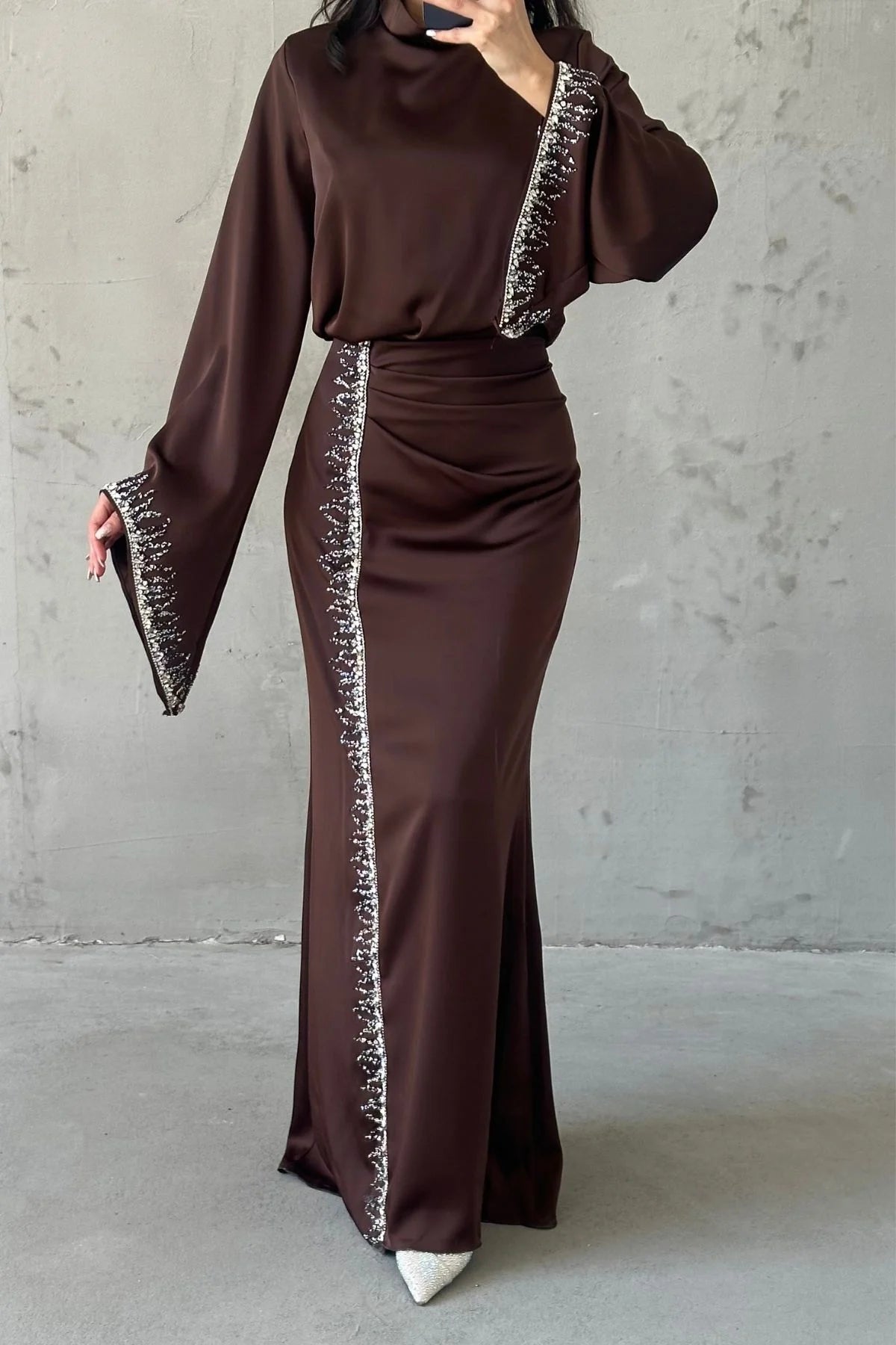 Embellished Satin Evening Gown with Flowing Sleeves