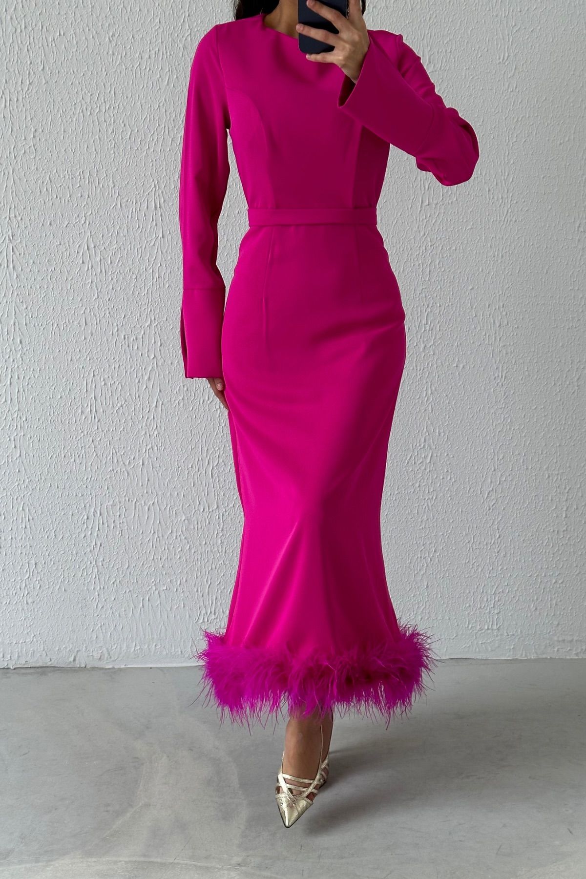 Feather Trimmed Crepe Elegance Dress 8008