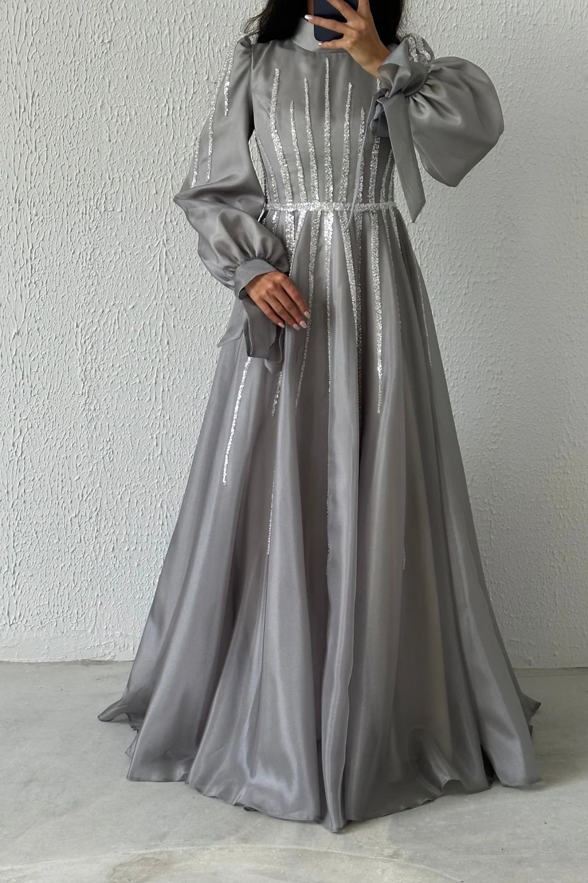 Comfortable Tie-Up Sleeve Detailed Organza Evening Dress 0006