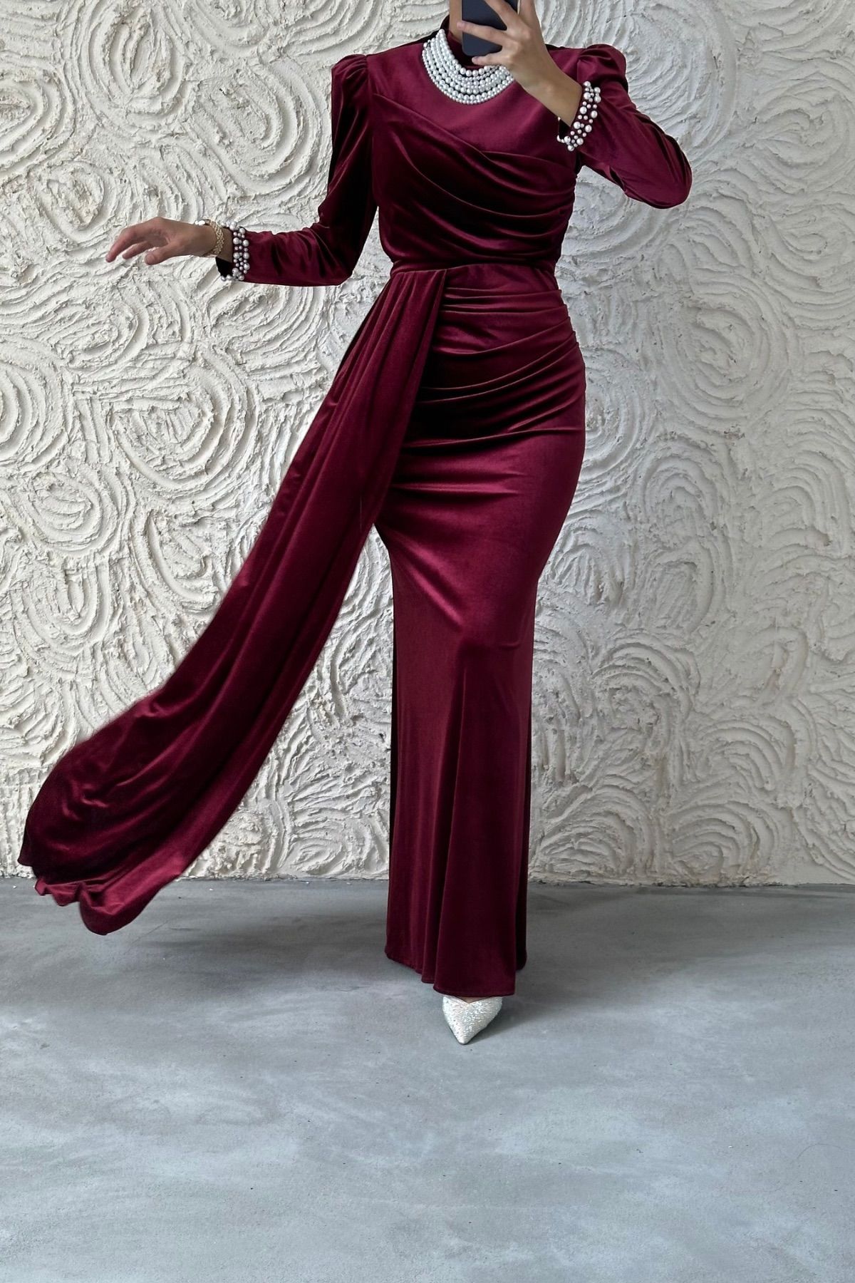 Elegant Velvet Evening Dress Embellished with Pearls 8021 Alia Boutique Elegant Velvet Evening Dress Embellished with Pearls 8021 Alia Boutique