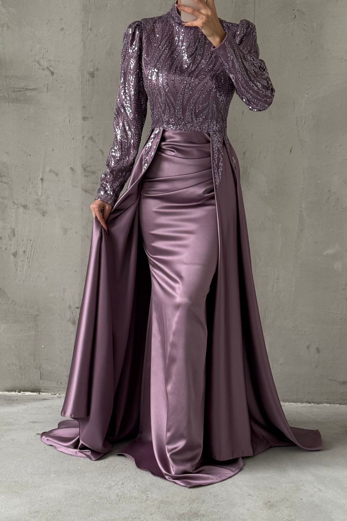 Pleated Satin Cape Evening Gown