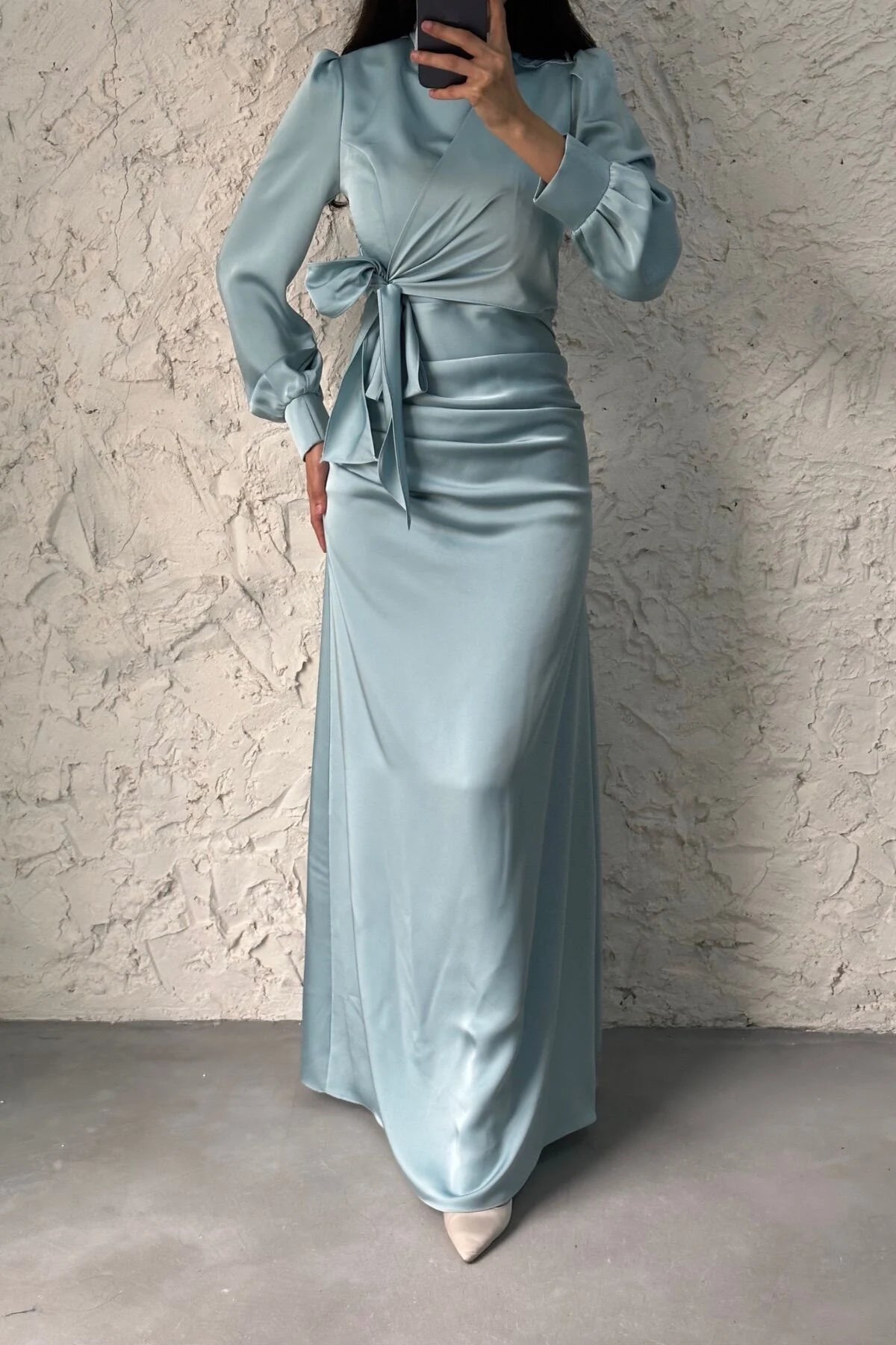 Satin Evening Dress with Gathering and Knot Detail 6663
