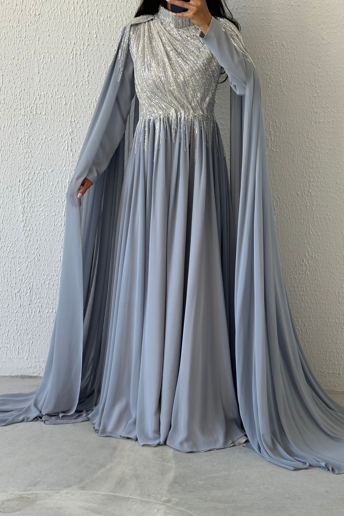 Sparkly Stone Embroidered Cape Model Chiffon Evening Dress 0009