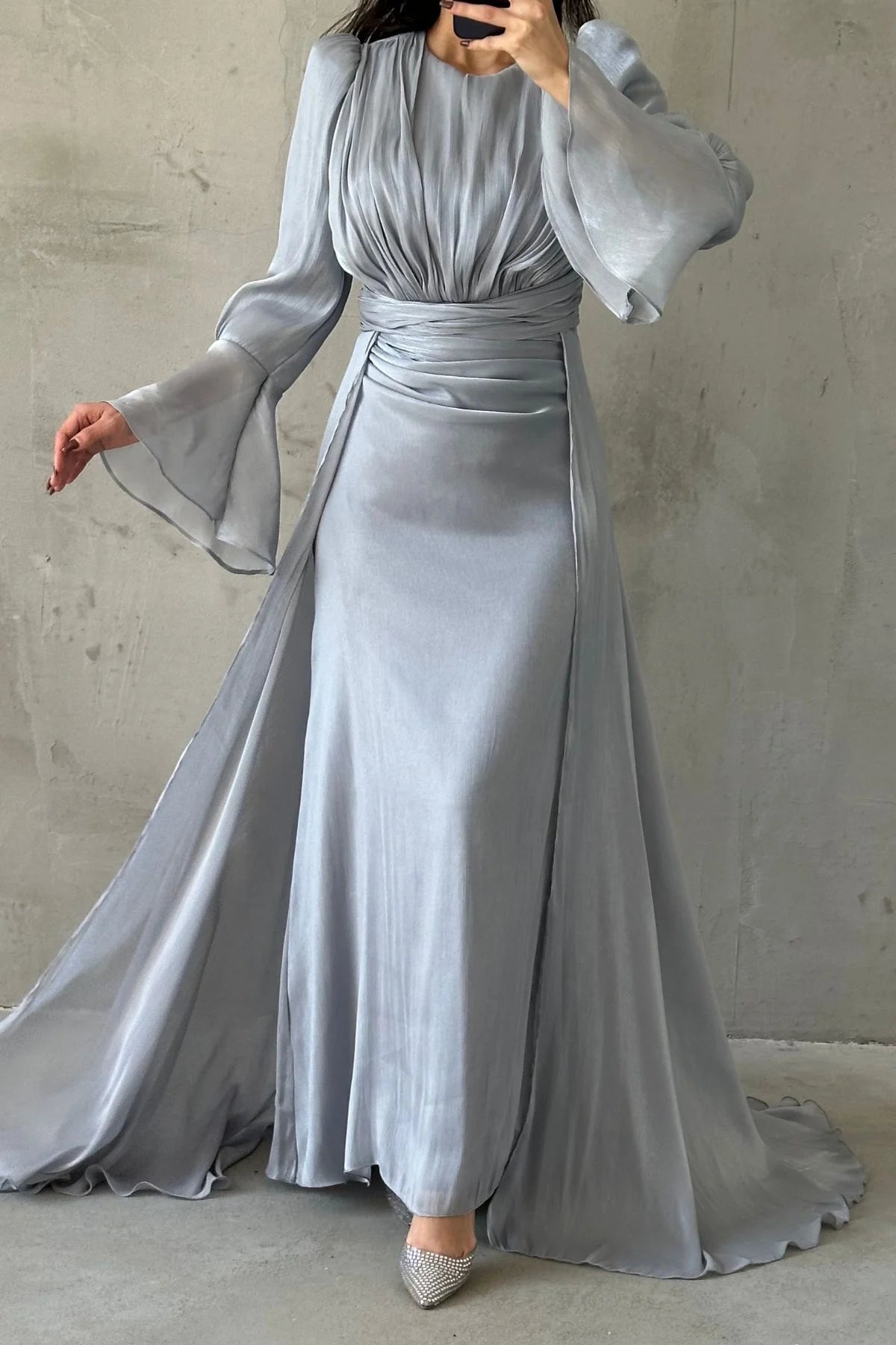 Drape and Cape Detailed Janjan Evening Dress 4986