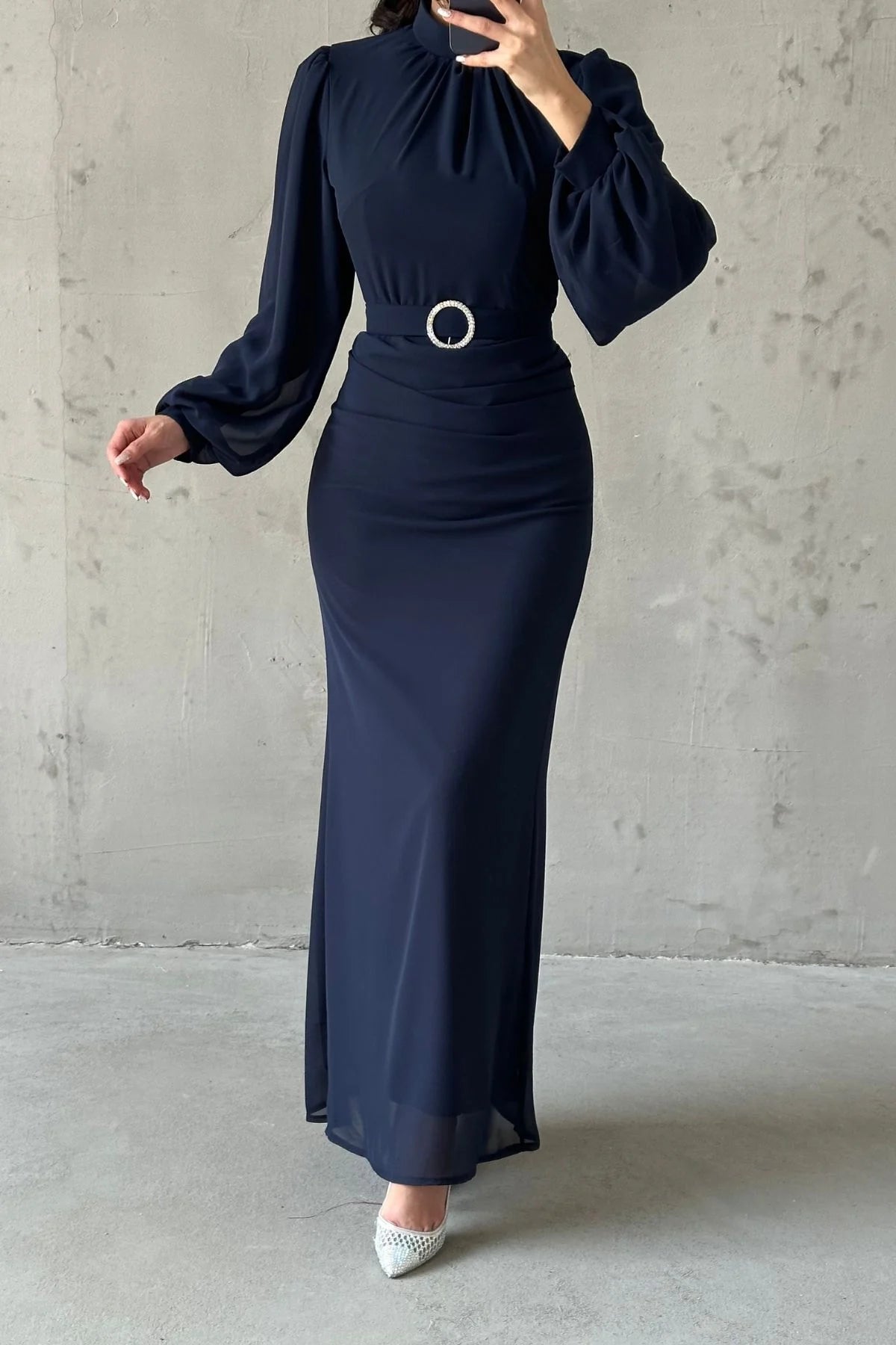 Stylish Design Black Belted Chiffon Evening Dress 4873
