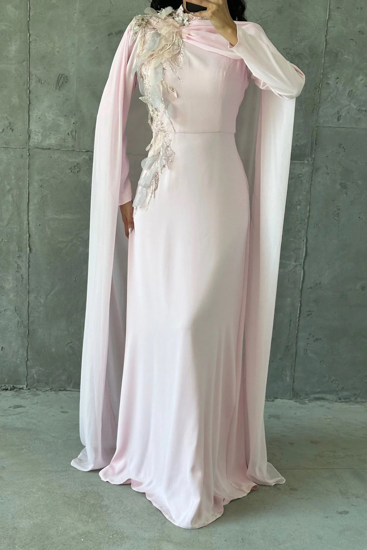 The Elara Floral Cape Evening Gown