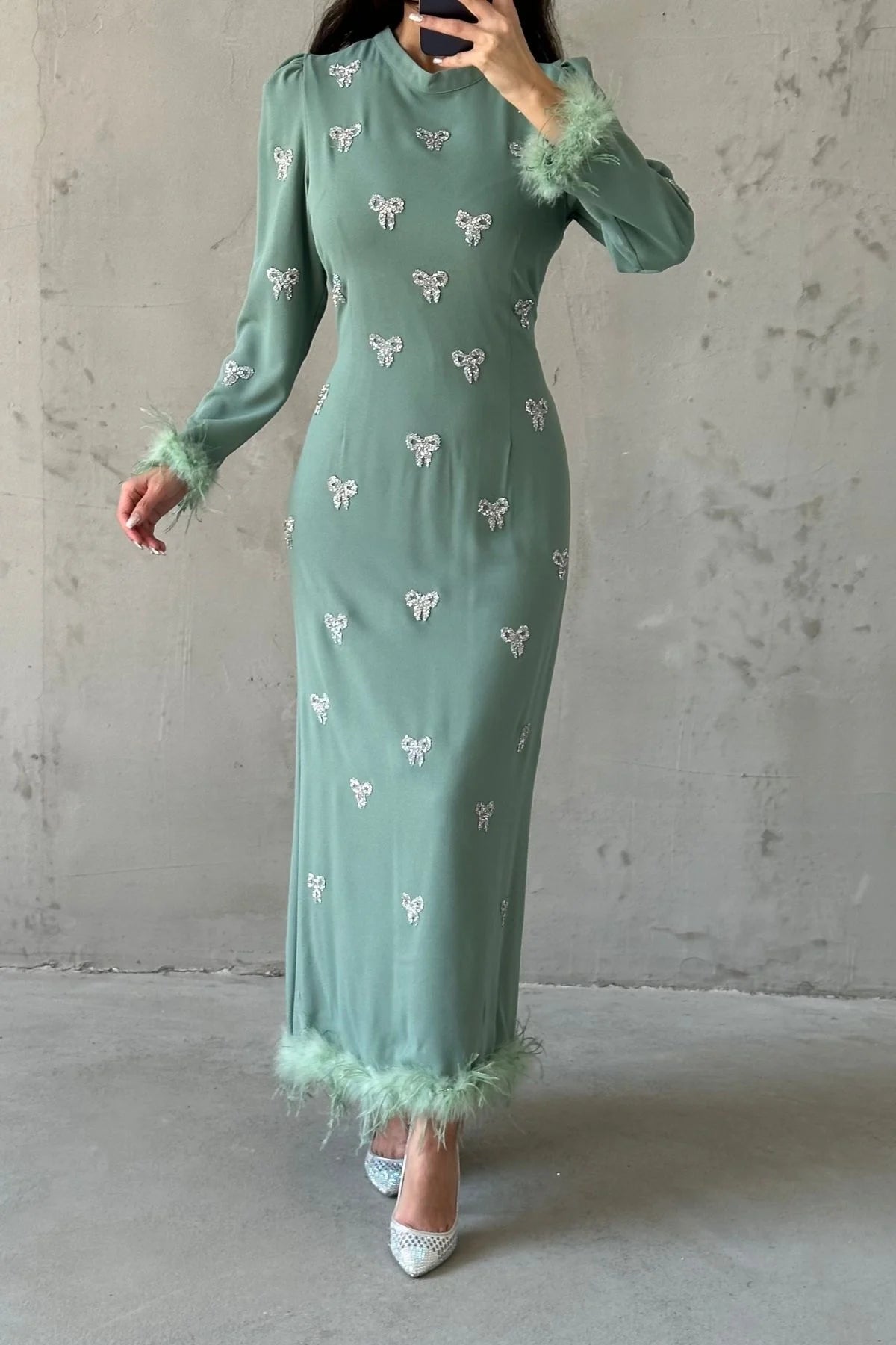 Bow Stone Feather Trimmed Evening Gown 3018