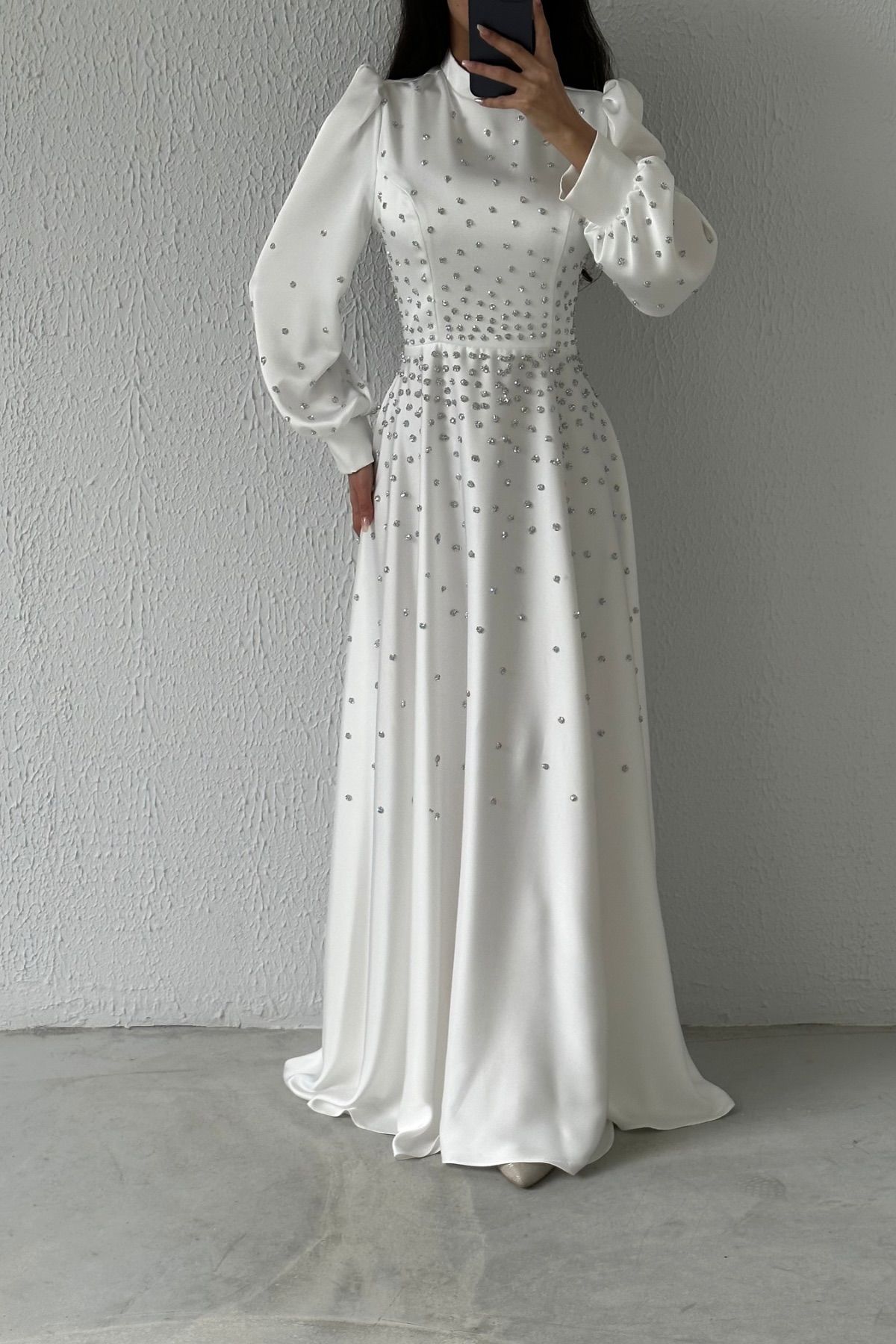 Satin Stone Embellished Bridal Evening Dress 8003