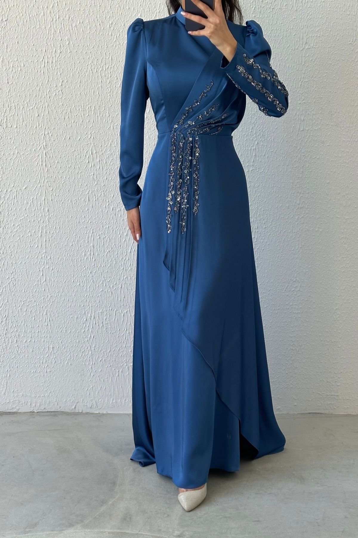 Glamorous Ruffle Stone Detailed Satin Evening Dress 6971