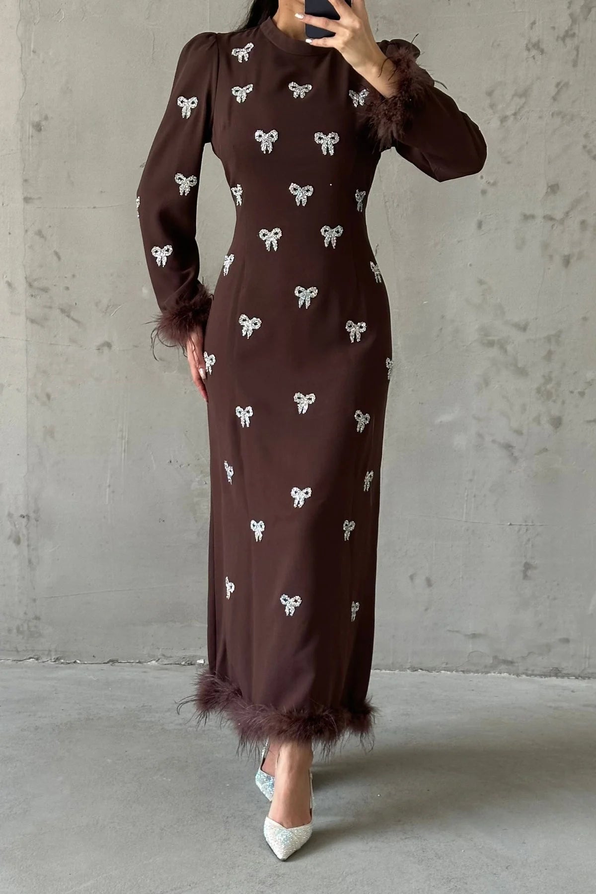 Bow Stone Feather Trimmed Evening Gown 3018