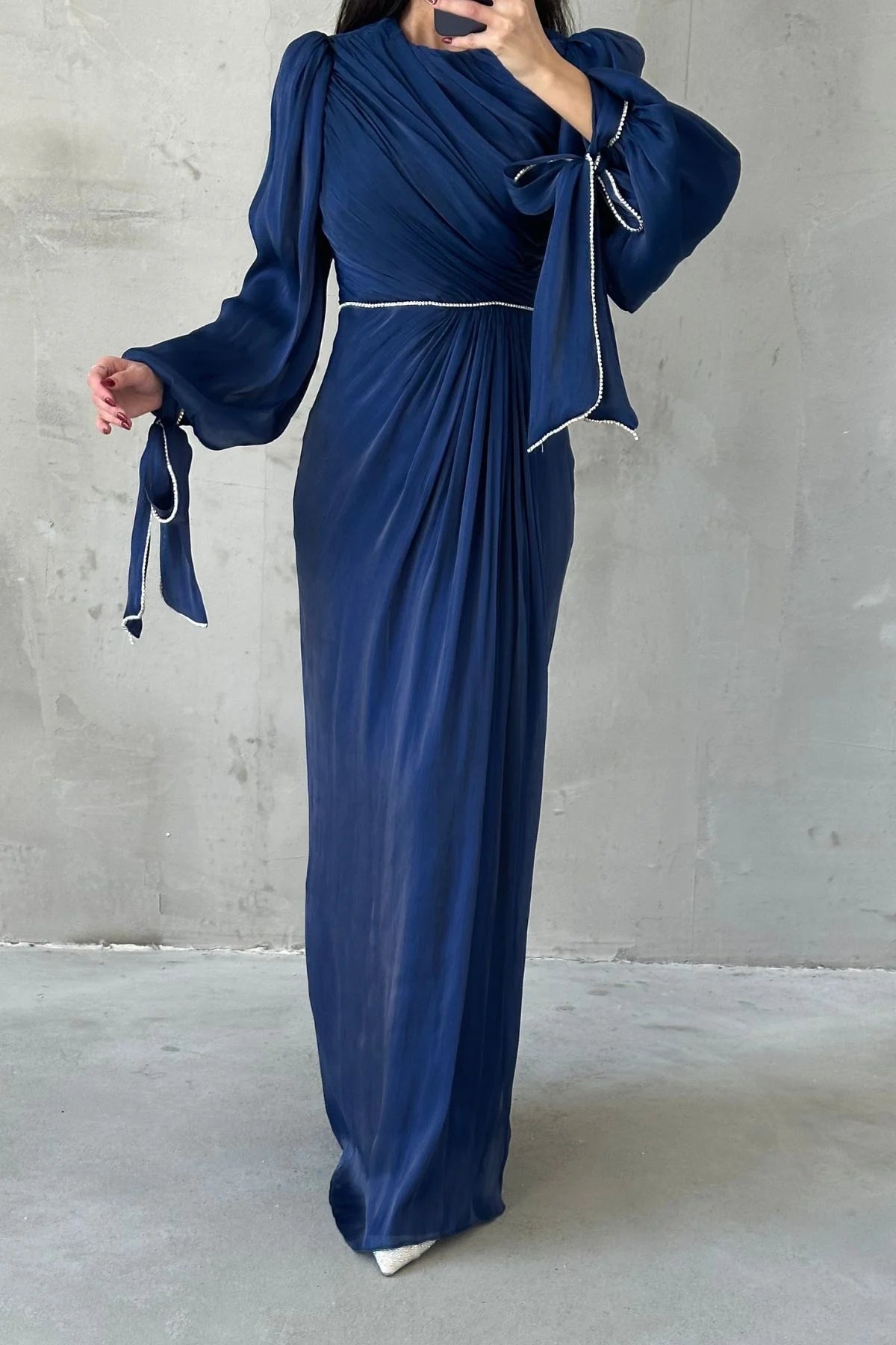 Pleated Beautiful Evening Dress with Bow Detail – Style 5019