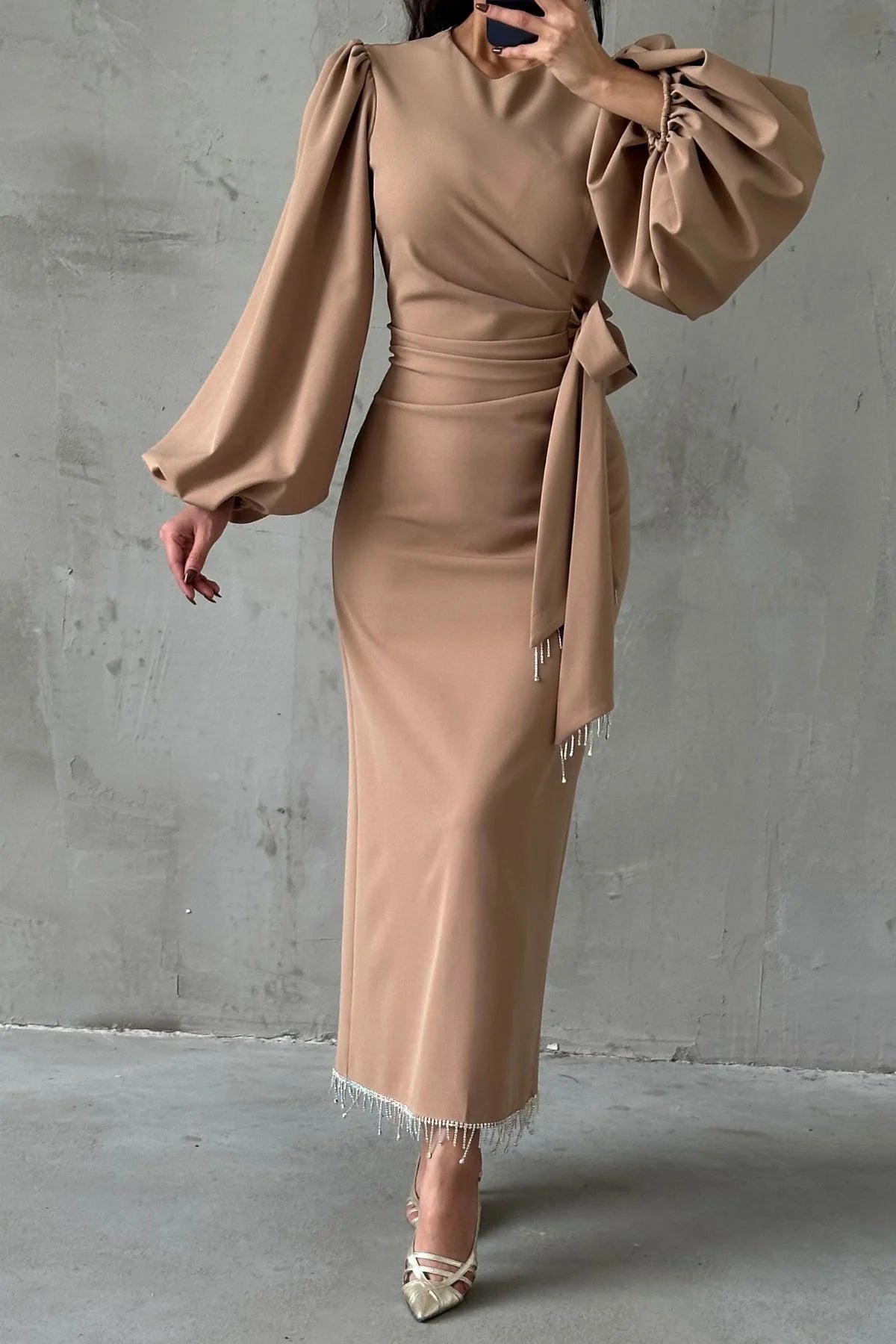 Beautiful Detailed Waist Tied Crepe Dress 3021