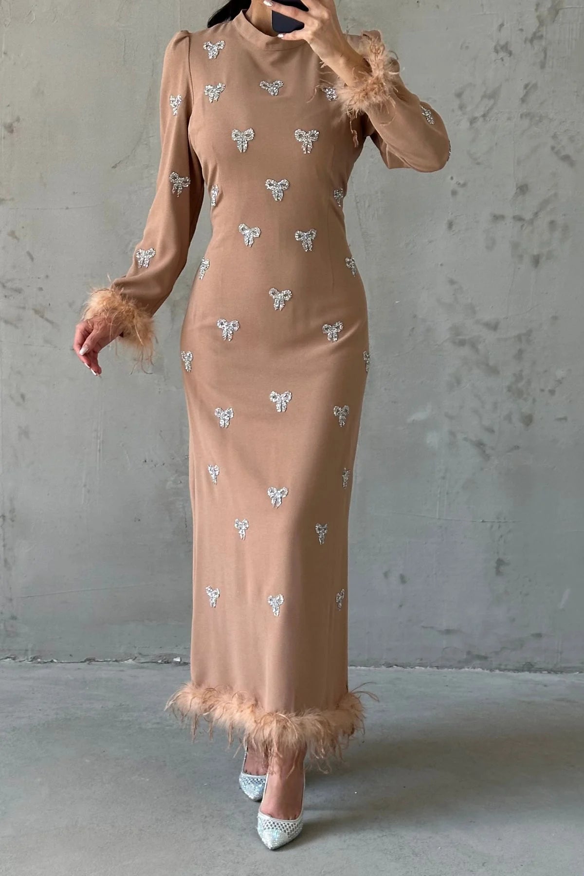 Bow Stone Feather Trimmed Evening Gown 3018