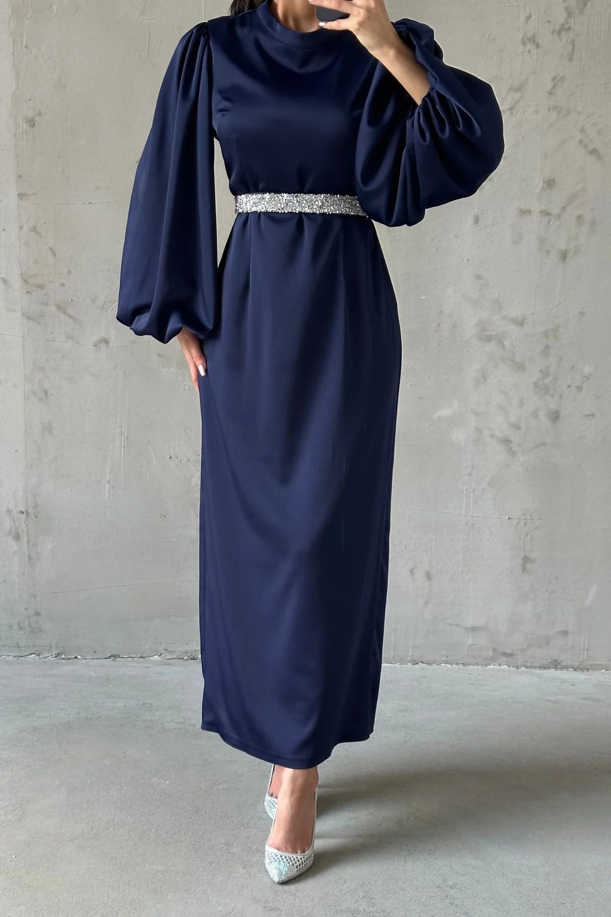 Satin Elegance Stone Belted Evening Dress 4977