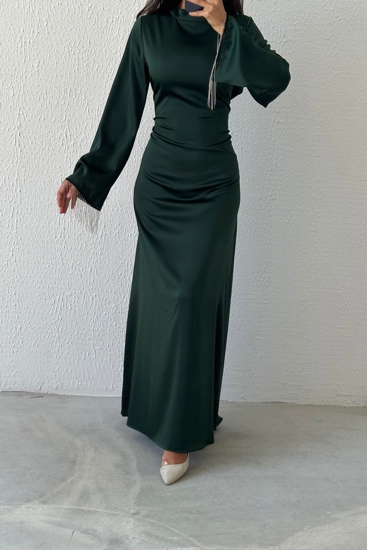 Satin Flounce Sleeve Chain Detailed Evening Dress 6121