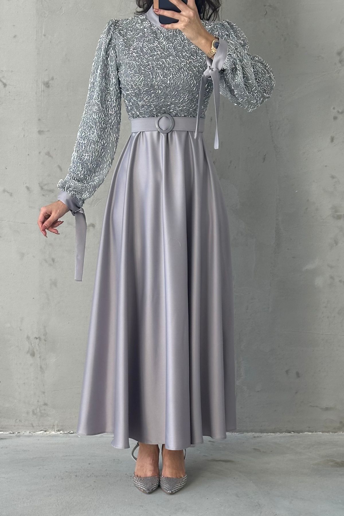 Embroidered Top Detail Belted Satin  Evening Dress 6176