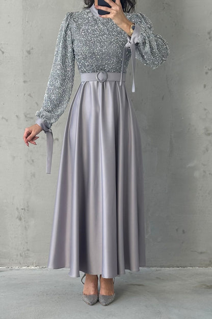 Embroidered Top Detail Belted Satin  Evening Dress 6176