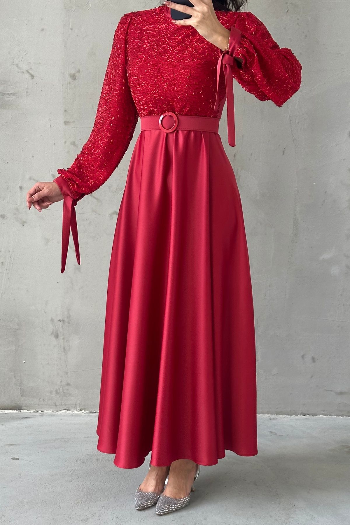 Embroidered Top Detail Belted Satin  Evening Dress 6176