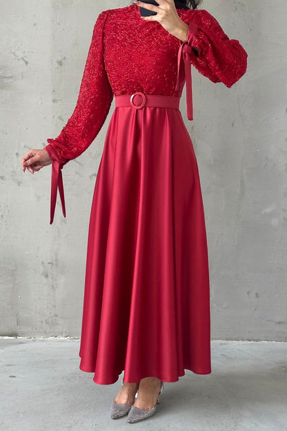 Embroidered Top Detail Belted Satin  Evening Dress 6176