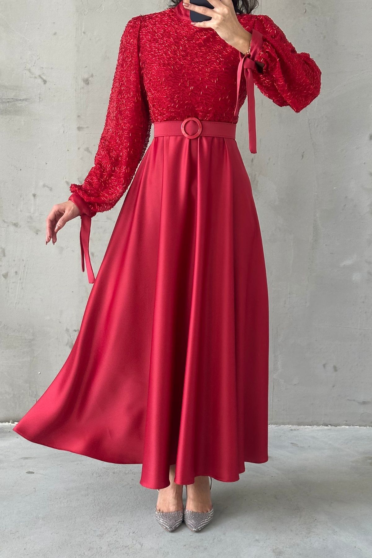 Embroidered Top Detail Belted Satin  Evening Dress 6176