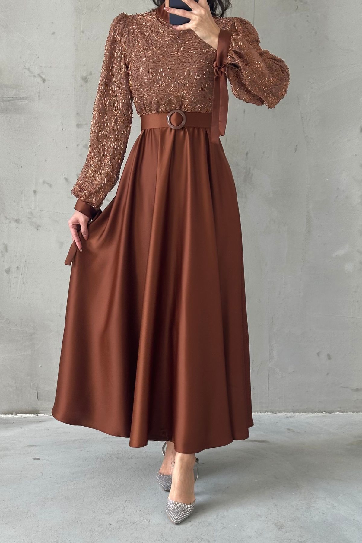 Embroidered Top Detail Belted Satin  Evening Dress 6176