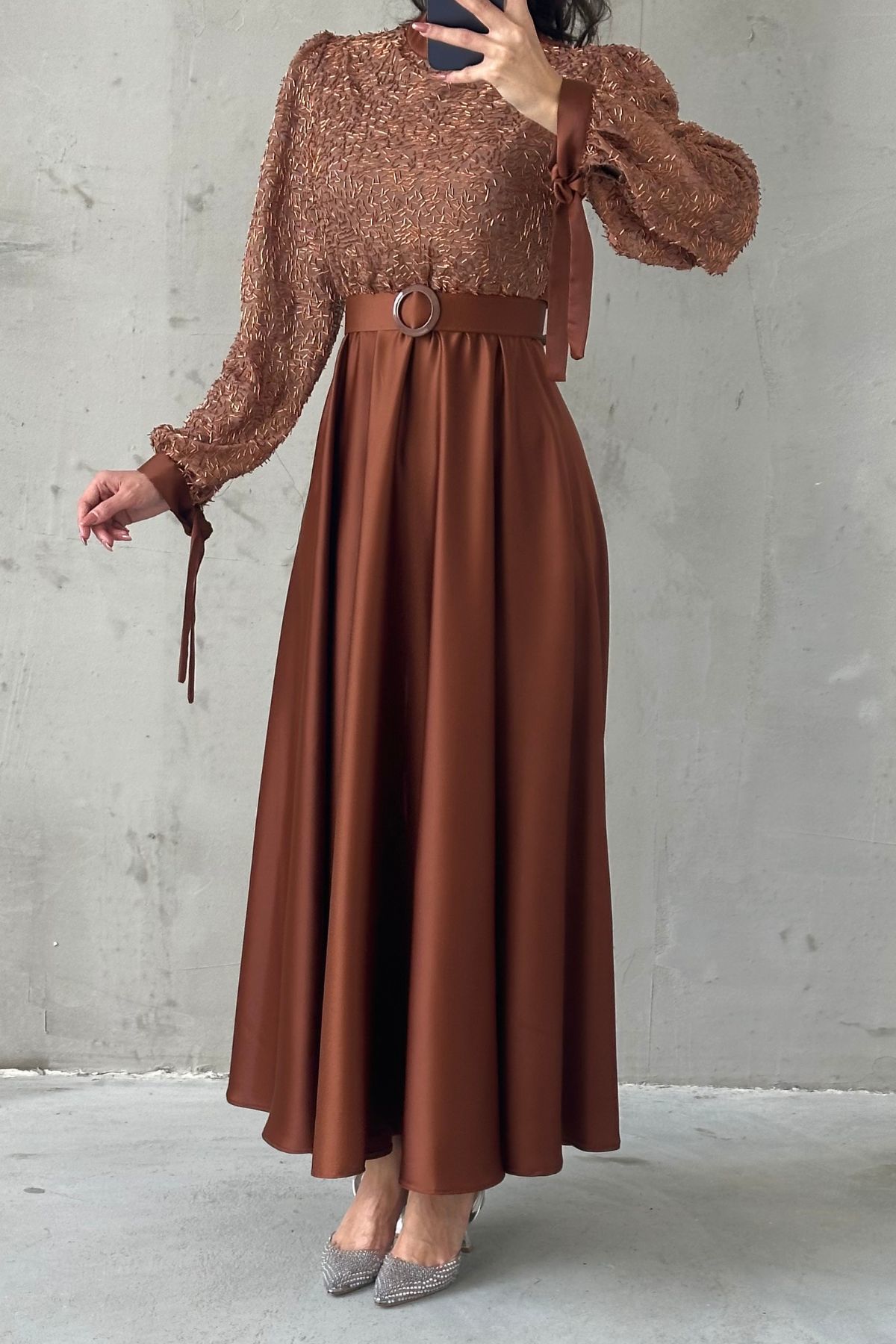 Embroidered Top Detail Belted Satin  Evening Dress 6176