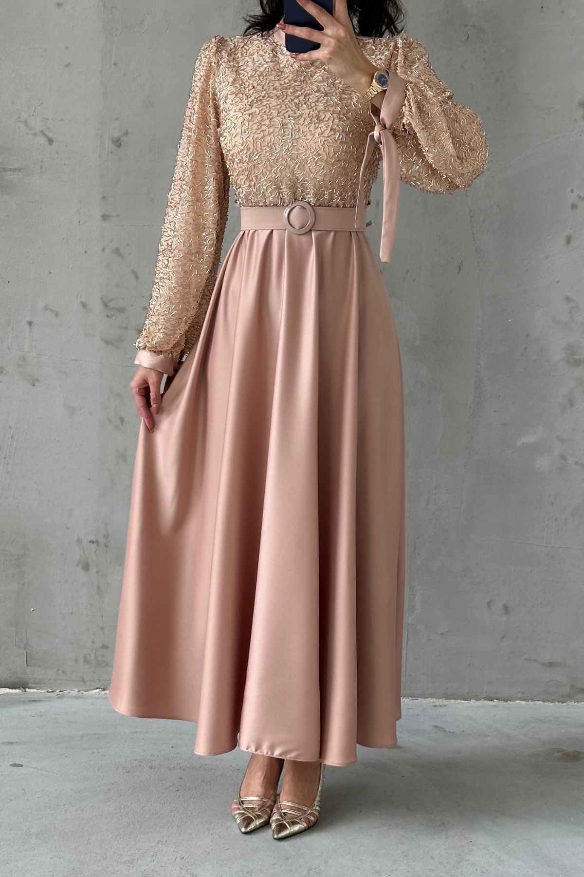 Embroidered Top Detail Belted Satin  Evening Dress 6176
