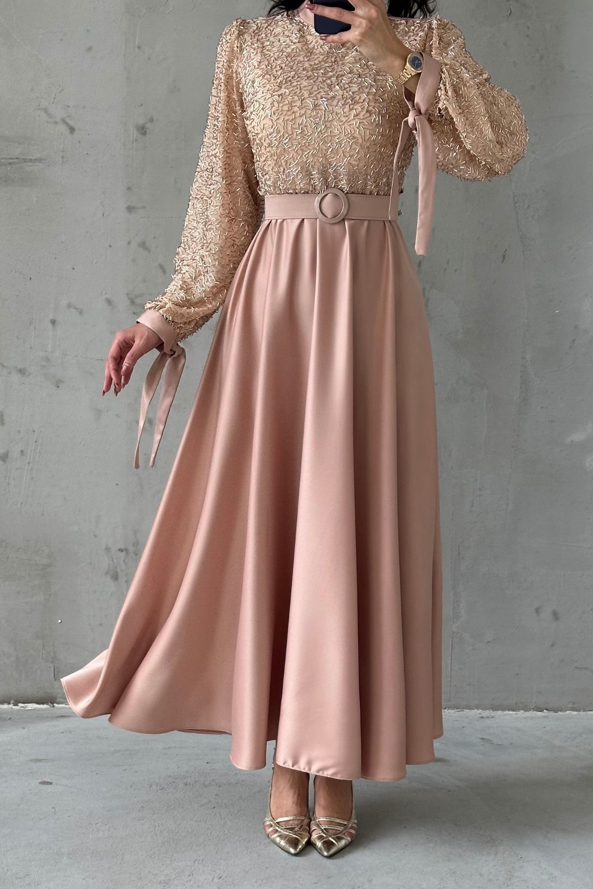 Embroidered Top Detail Belted Satin  Evening Dress 6176