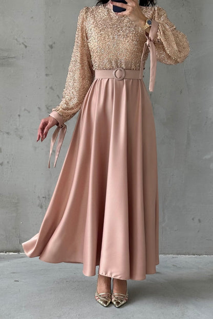 Embroidered Top Detail Belted Satin  Evening Dress 6176