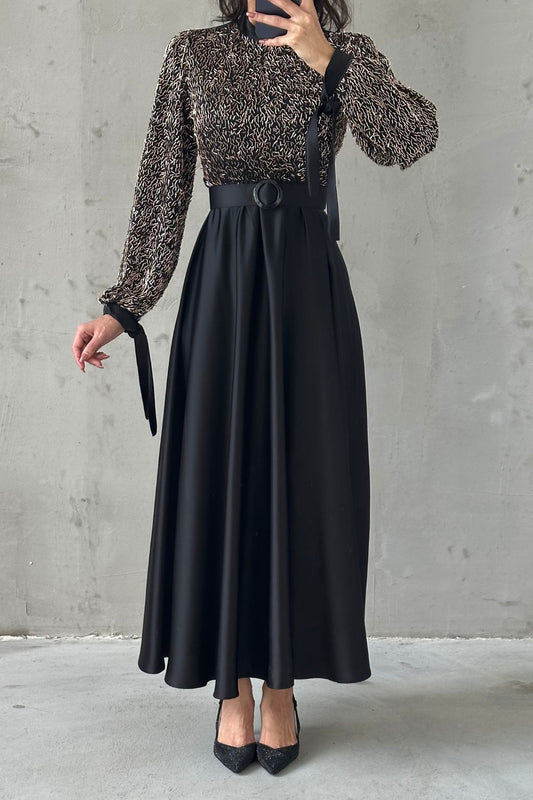 Embroidered Top Detail Belted Satin  Evening Dress 6176