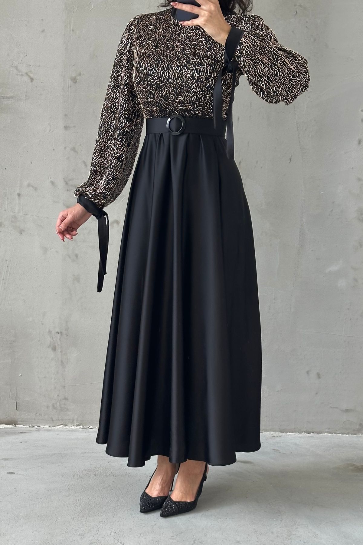 Embroidered Top Detail Belted Satin  Evening Dress 6176