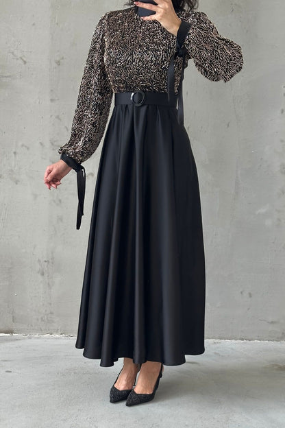 Embroidered Top Detail Belted Satin  Evening Dress 6176