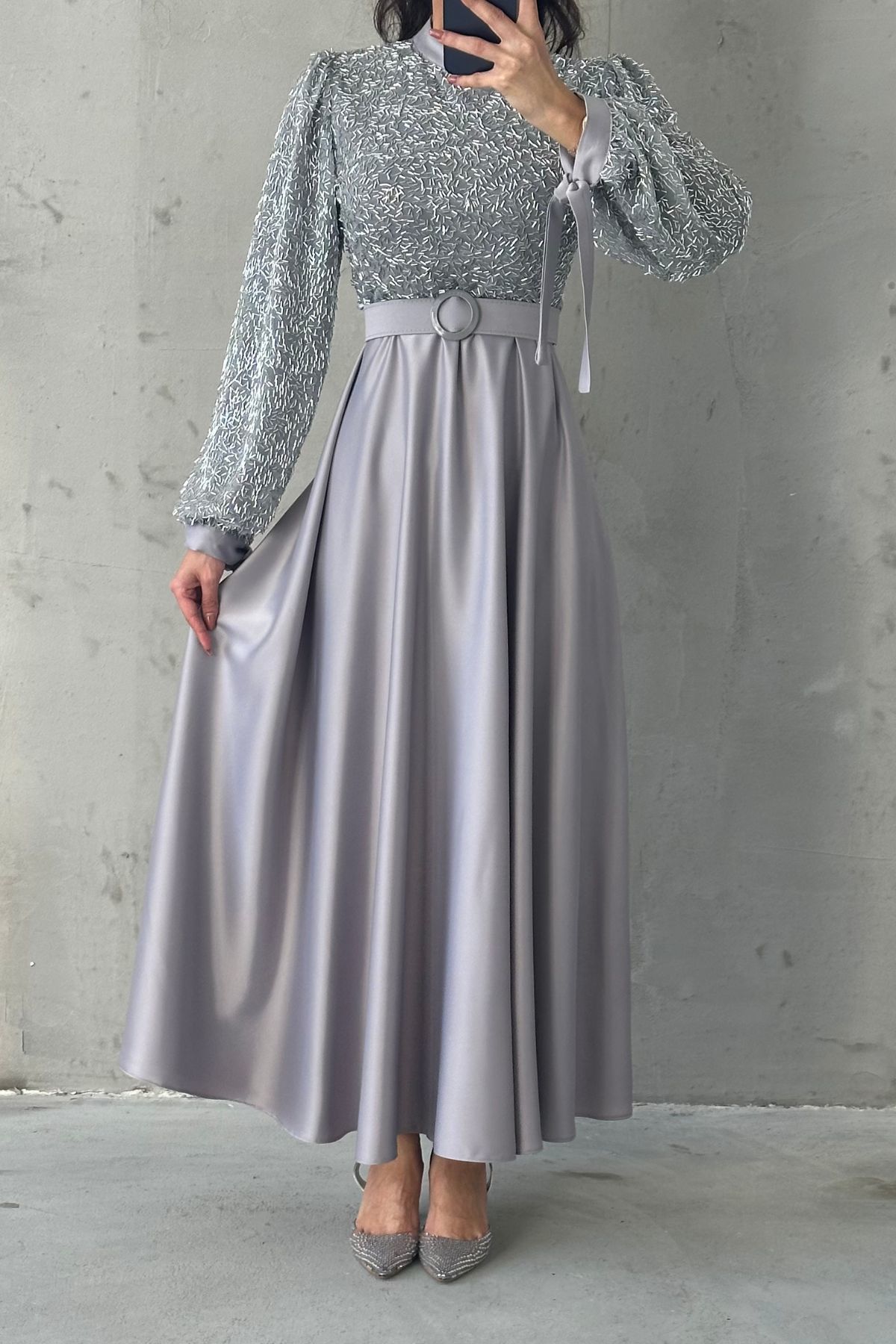 Embroidered Top Detail Belted Satin  Evening Dress 6176