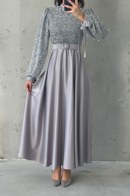Embroidered Top Detail Belted Satin  Evening Dress 6176