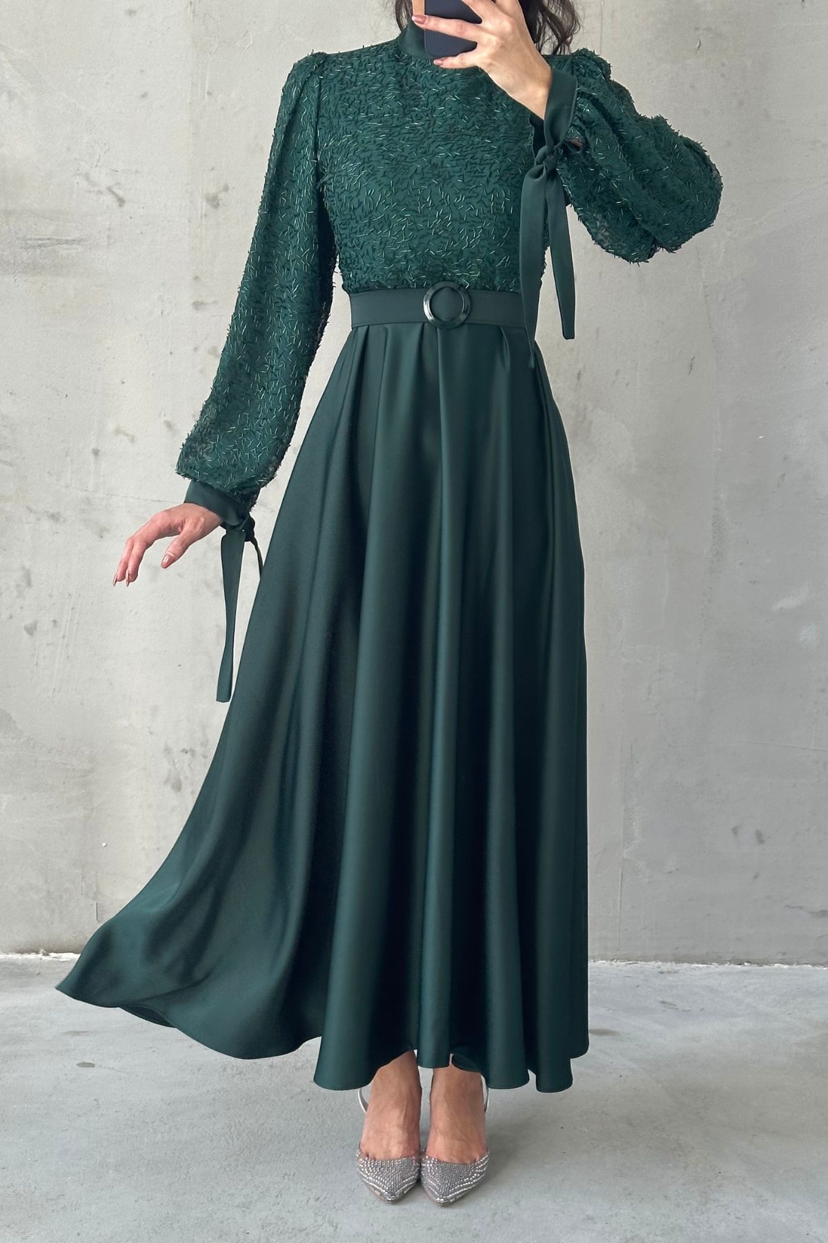 Embroidered Top Detail Belted Satin  Evening Dress 6176