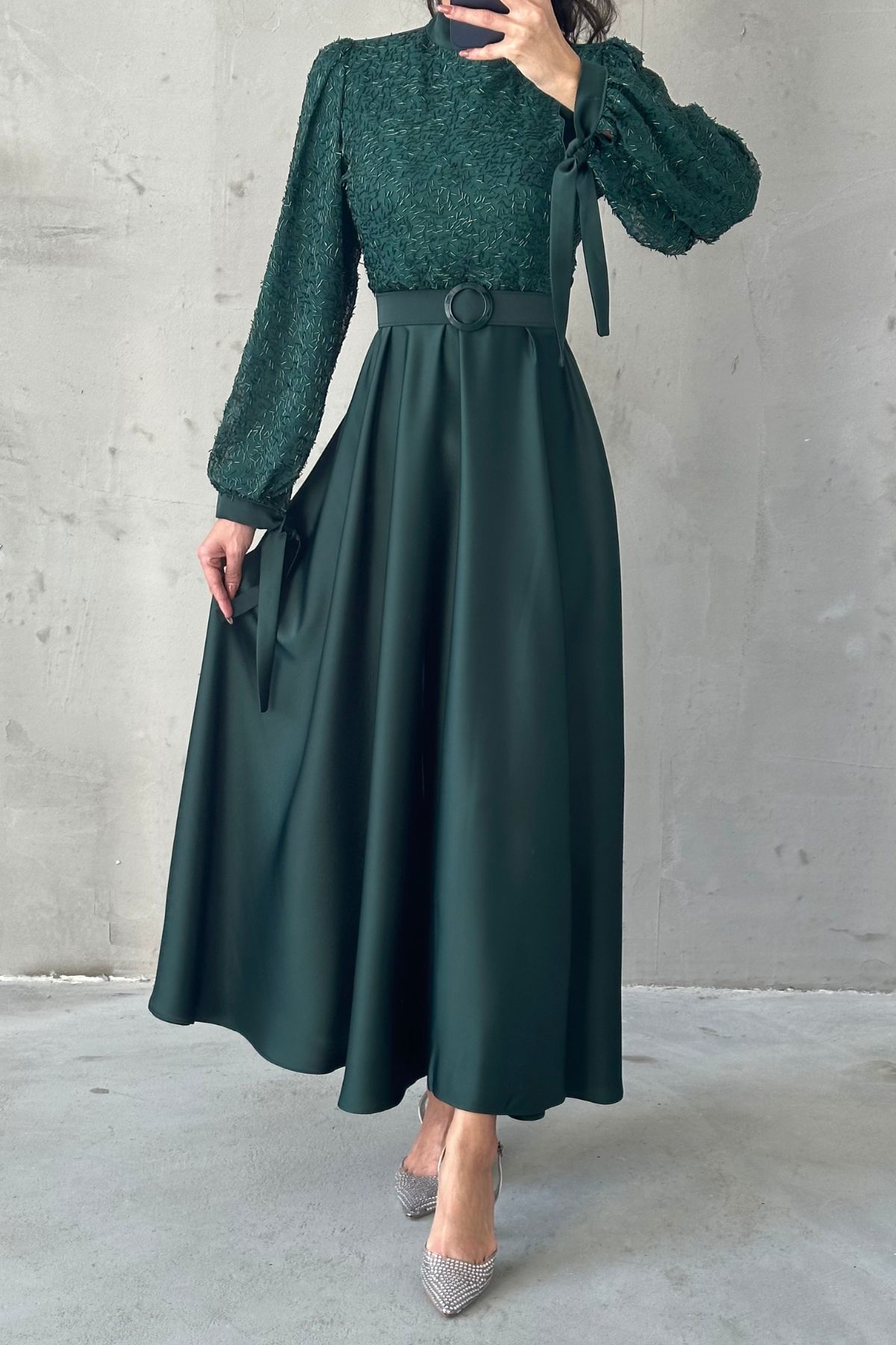 Embroidered Top Detail Belted Satin  Evening Dress 6176