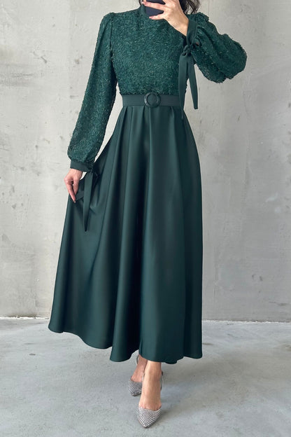 Embroidered Top Detail Belted Satin  Evening Dress 6176