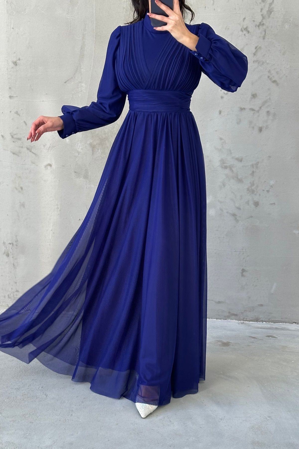 Chiffon Fabric Pleated Belt Detailed  Evening Dress 4632