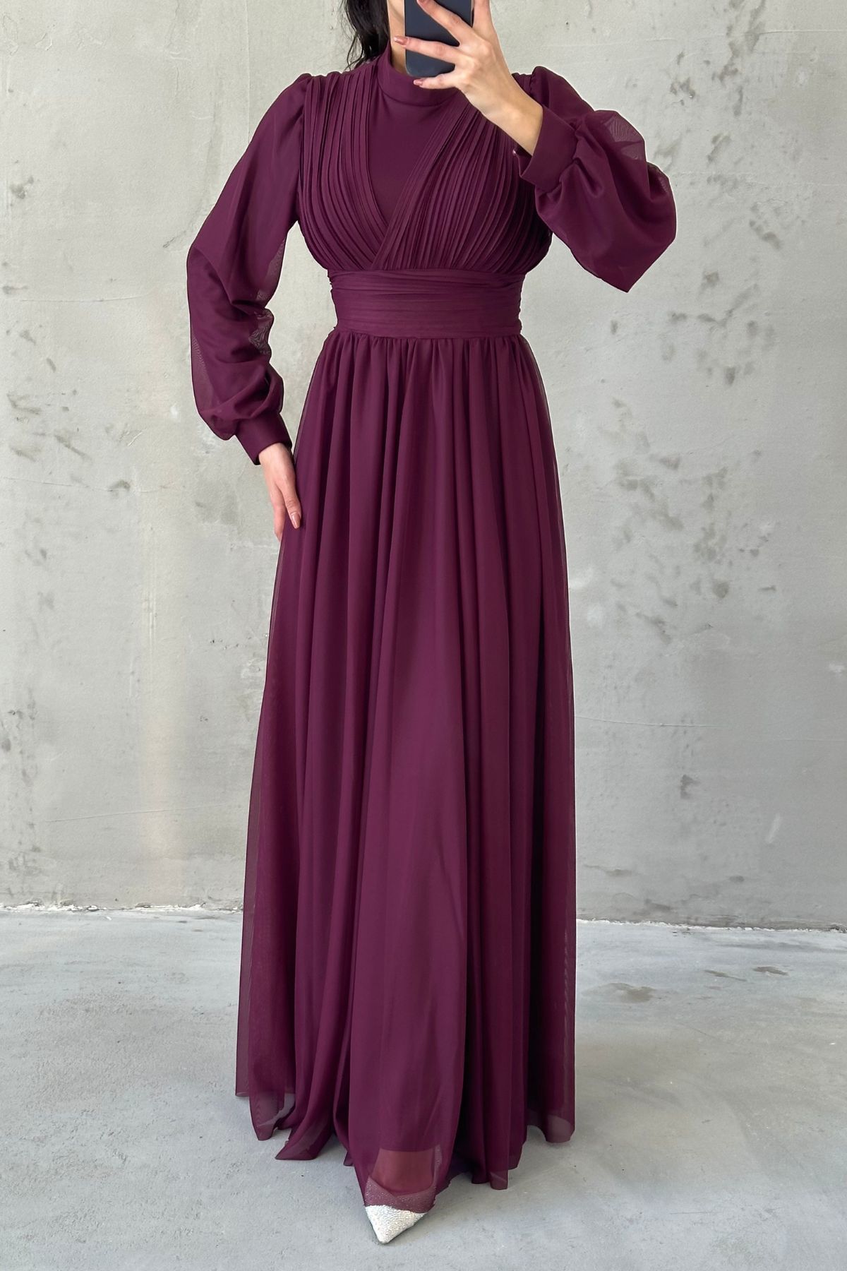 Chiffon Fabric Pleated Belt Detailed  Evening Dress 4632