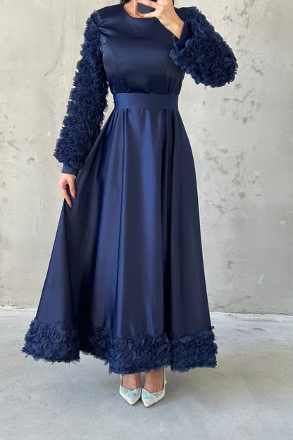 Satin  Evening Dress with Hem and Sleeve Details 4661