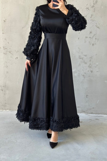 Satin  Evening Dress with Hem and Sleeve Details 4661