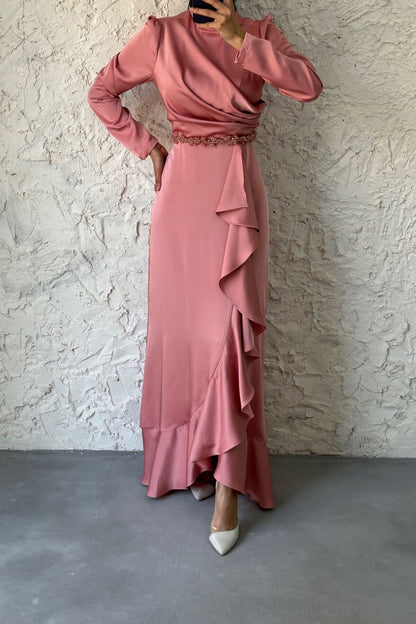 Satin Evening Dress with Beaded Waist 6666-1