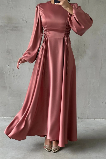 Waist-Tie Balloon Sleeve Satin Evening Dress 6150