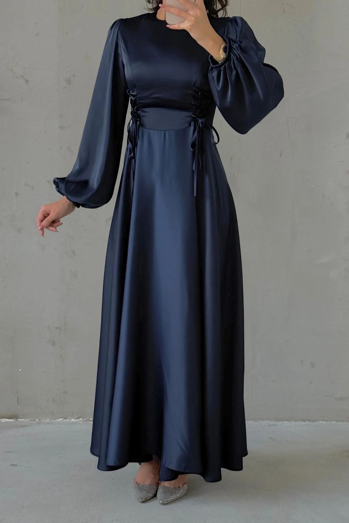 Waist-Tie Balloon Sleeve Satin Evening Dress 6150