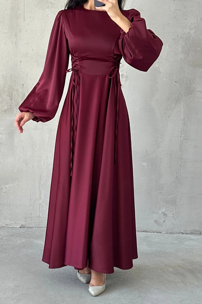 Waist-Tie Balloon Sleeve Satin Evening Dress 6150