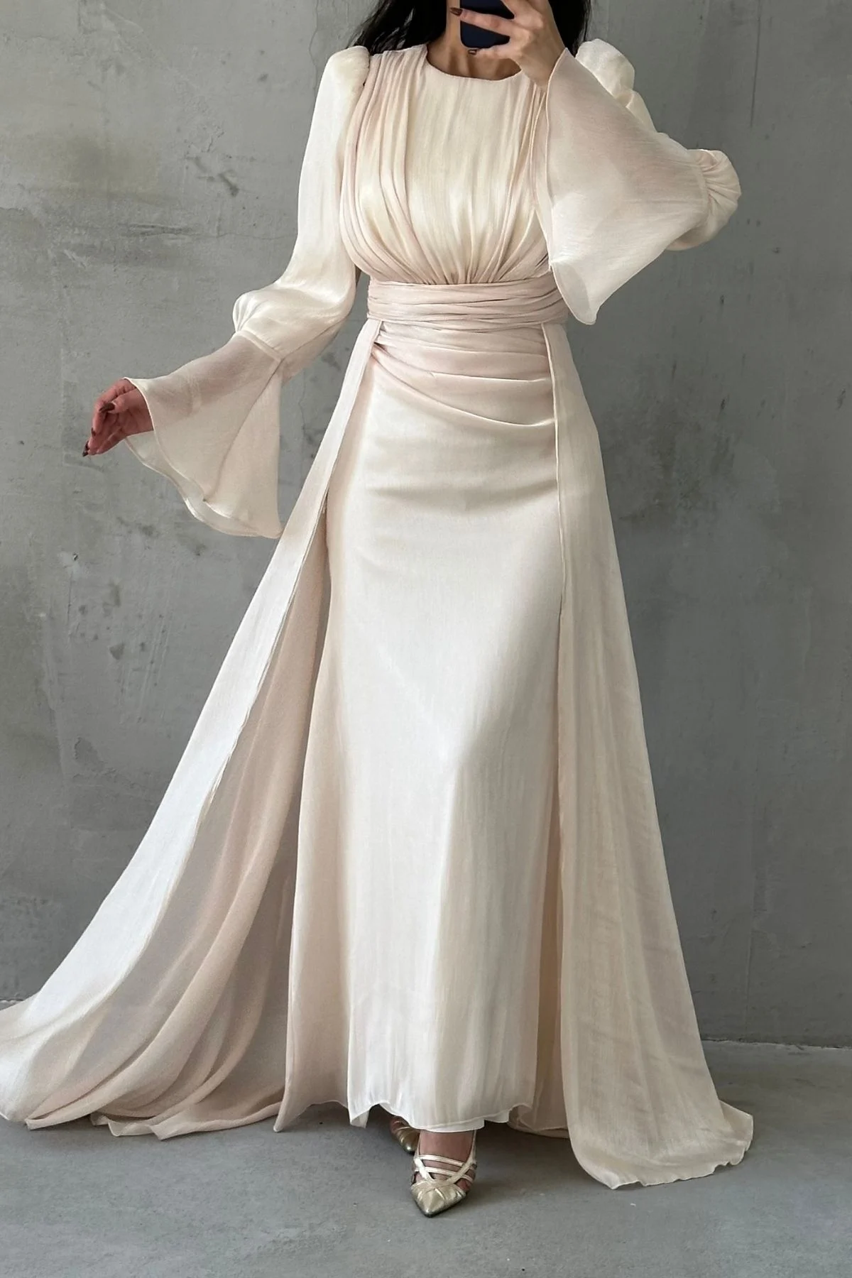 Drape and Cape Detailed Janjan Evening Dress 4986