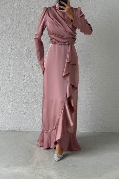 Satin Evening Dress with Beaded Waist 6666-1