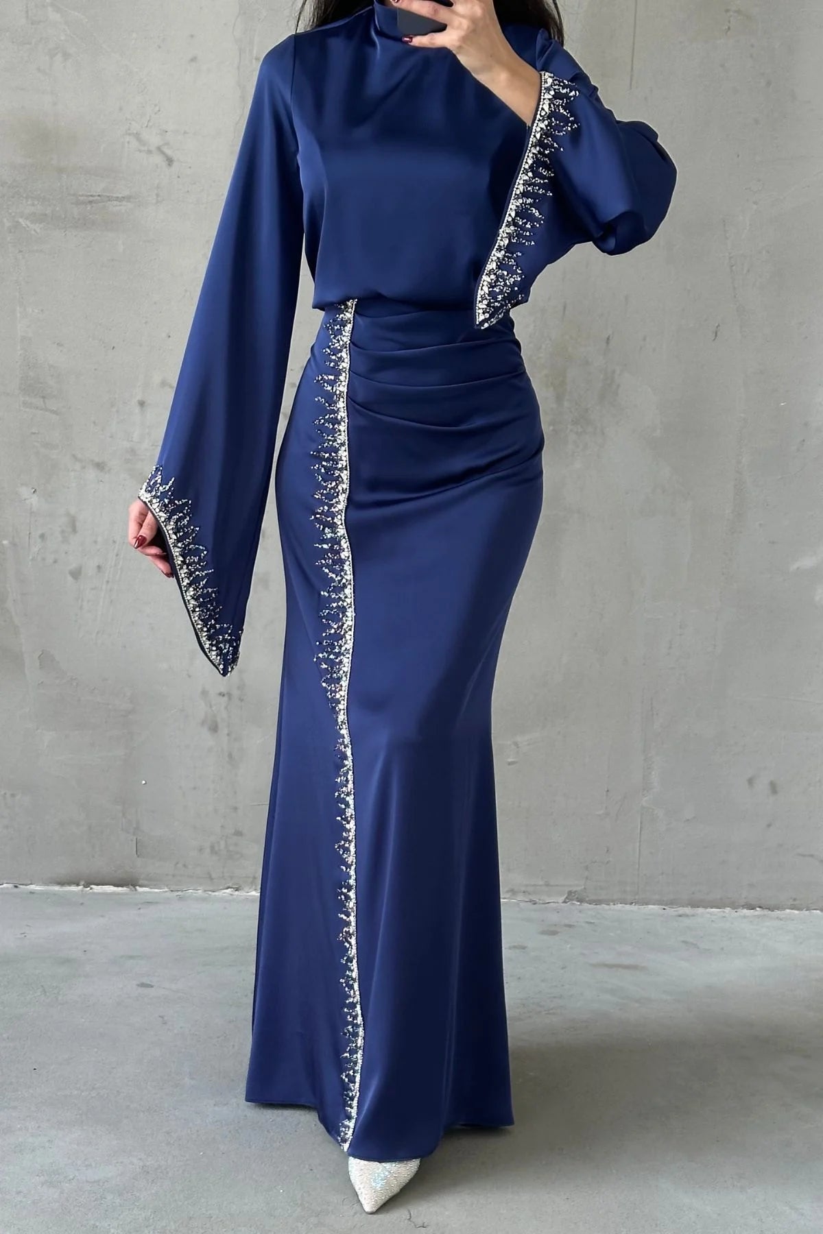 Flowing Sleeve Sparkly Embroidered Satin Evening Dress 5045
