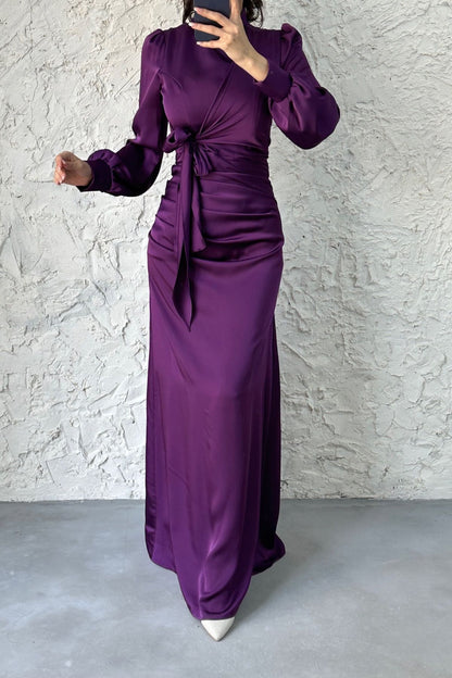 Satin  Evening Dress with Gathering and Knot Detail 6663
